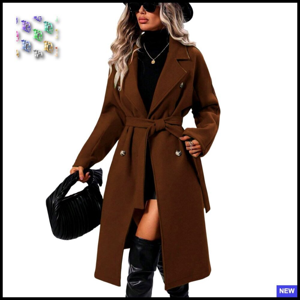 Oversized Wool Blend Pea Coat Classic Double Breasted Notch Lapel Trench